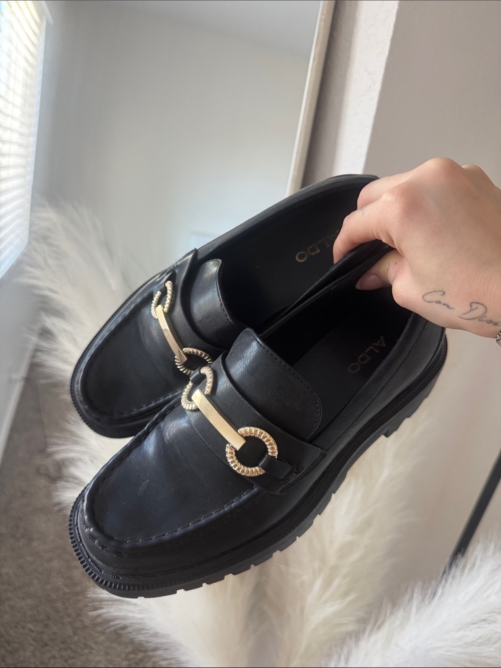 Aldo Black Leather Lug Sole Loafers with Gold Chain Bit - Picture 3 of 3